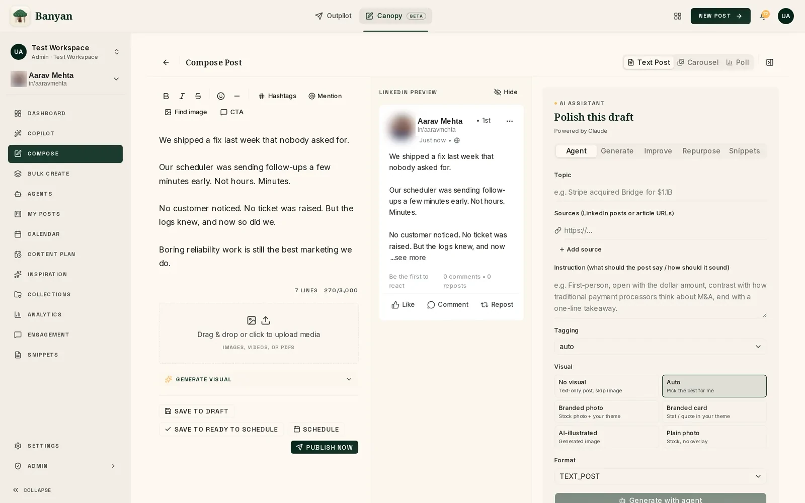 Canopy Compose screen: a post being drafted with a live LinkedIn preview and the AI assistant.