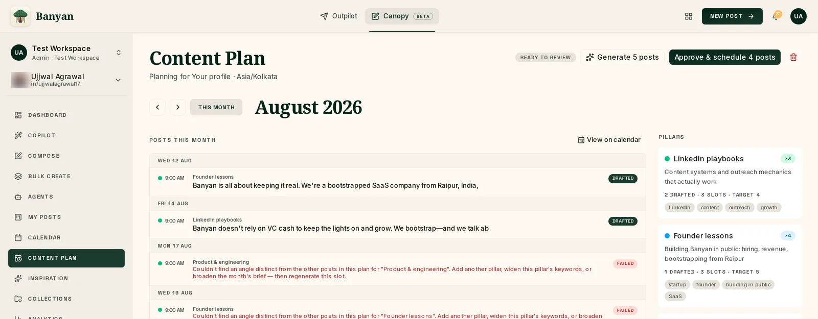 Canopy content plan: a month of scheduled LinkedIn content built from content pillars.
