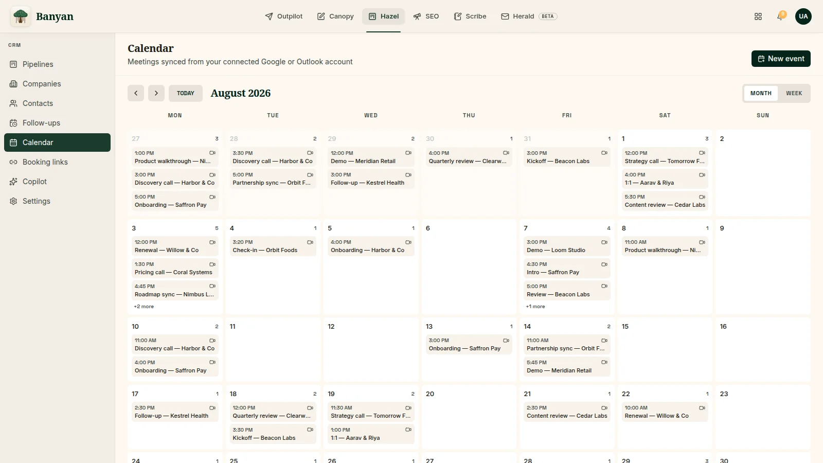 Hazel calendar: a month of meetings synced from a connected Google or Outlook account.
