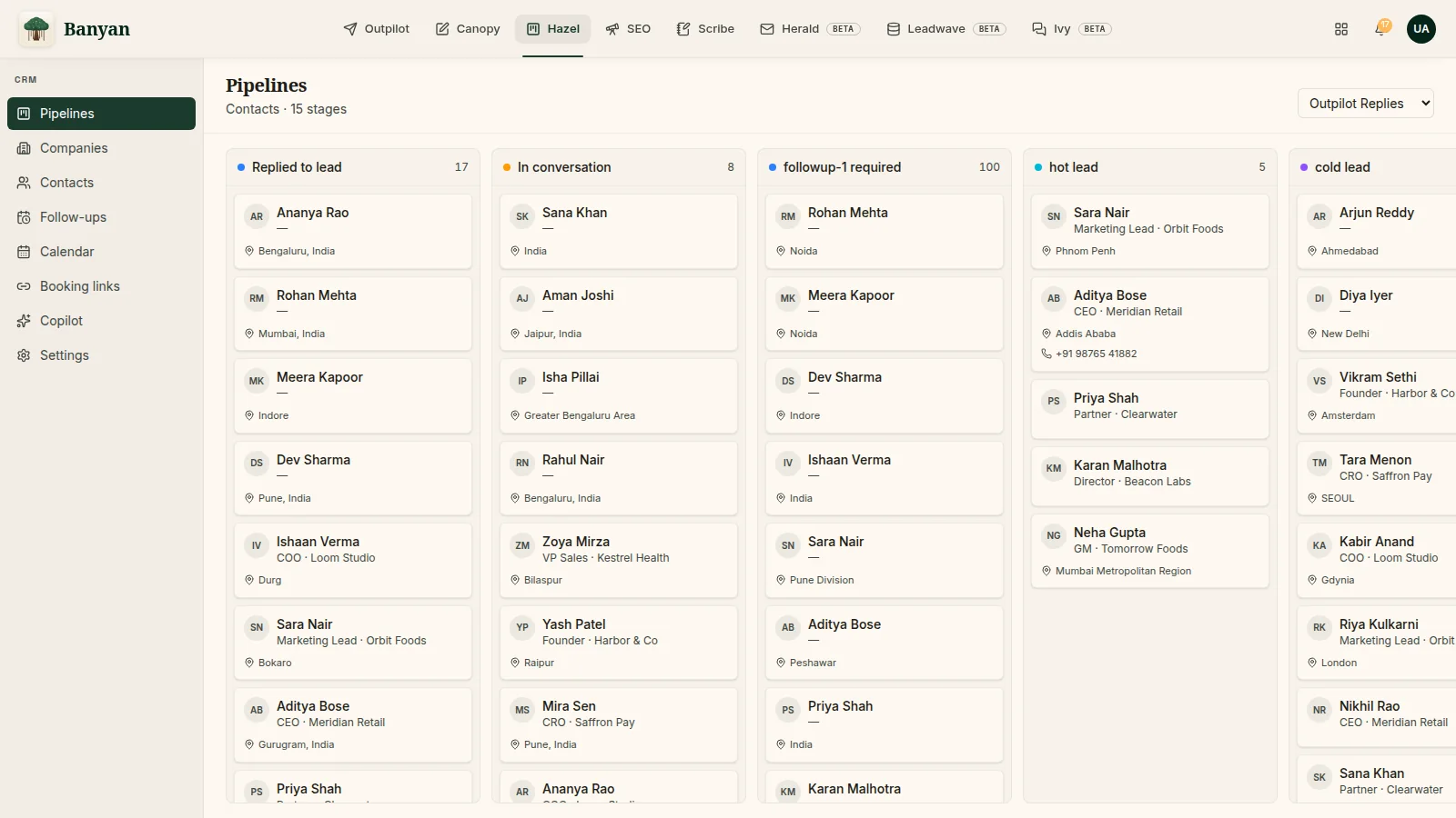 Hazel CRM board: contacts across Replied, In conversation, Follow-up, Hot and Cold lead stages.