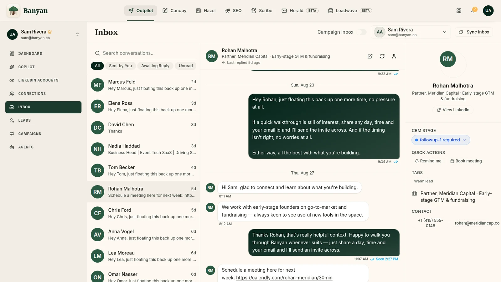 OutPilot unified inbox with a conversation open and the built-in CRM panel.