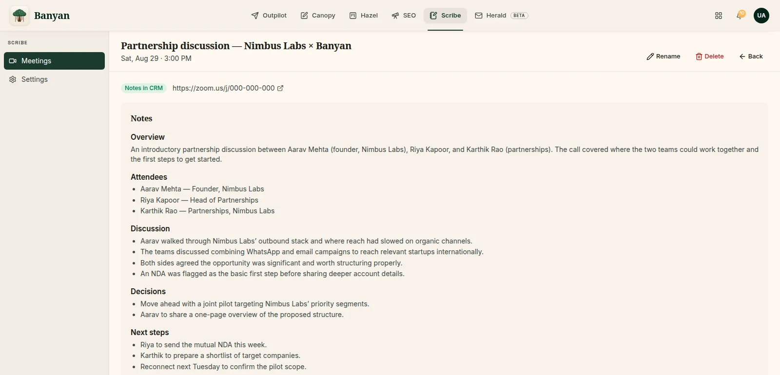 Scribe AI meeting notes: overview, attendees, discussion, decisions and next steps.