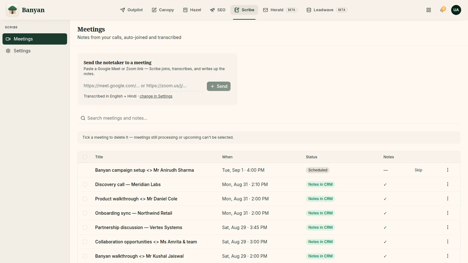 Scribe meetings list: calls auto-joined, with the AI notes filed to your CRM.