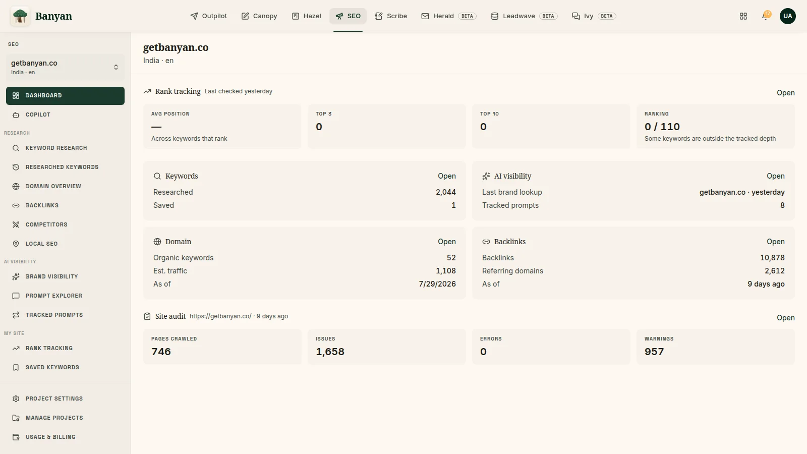 The real Banyan SEO dashboard: rank tracking, researched keywords, AI visibility, domain metrics and a site audit.